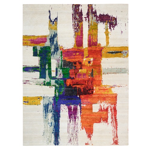 Colorful, Modern Abstract Motifs with Painter's Brush Strokes Wool and Sari Silk Hand Knotted, Oriental 