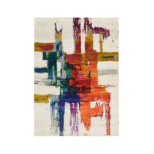 Colorful, Wool and Sari Silk Hand Knotted, Modern Abstract Motifs with Painter's Brush Strokes, Oriental 
