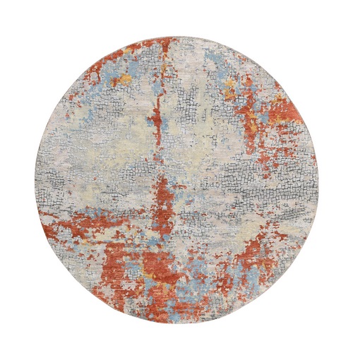 Cream-Rust, Abstract With Fire Mosaic Design, Wool And Silk Hand Knotted, Round Oriental Rug