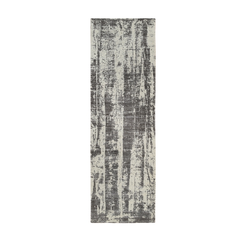 Charcoal Black, Wool and Plant Based Silk Hand Loomed, Modern Design Jacquard Tone On Tone, Runner Oriental Rug
