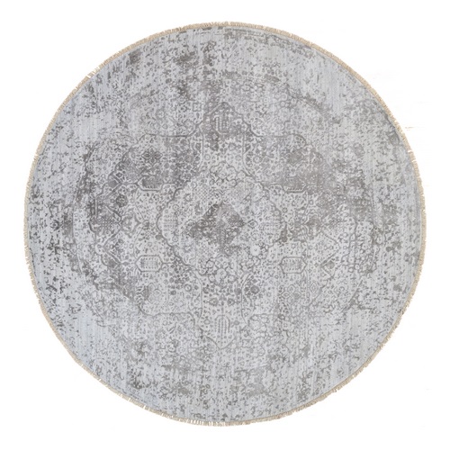 Gray, Broken Persian Design Wool and Pure Silk Hand Knotted, Round Oriental Rug