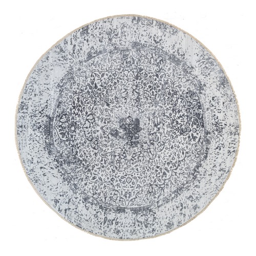 Silver Gray, Erased Persian Design, Wool and Pure Silk Hand Knotted, Round Oriental Rug