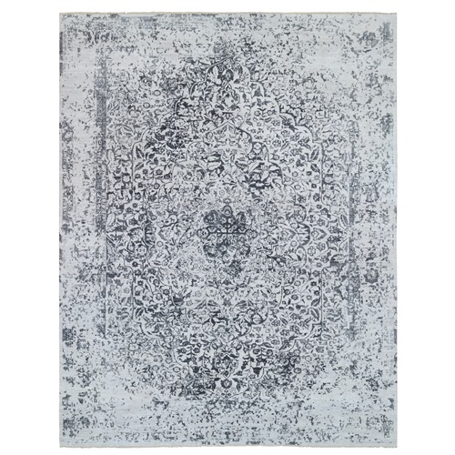 Silver Gray, Hand Knotted Erased Persian Design, Wool and Pure Silk, Oversized Oriental Rug