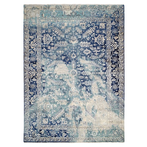 Blue-Teal Broken Persian Heriz Hand Knotted Erased Design Wool And Silk Oriental Rug 