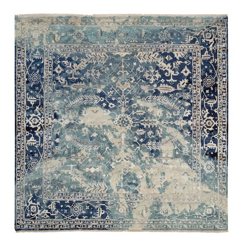 Blue-Teal Broken Persian Heriz Erased Design Wool And Silk Hand Knotted Oriental Square Rug
