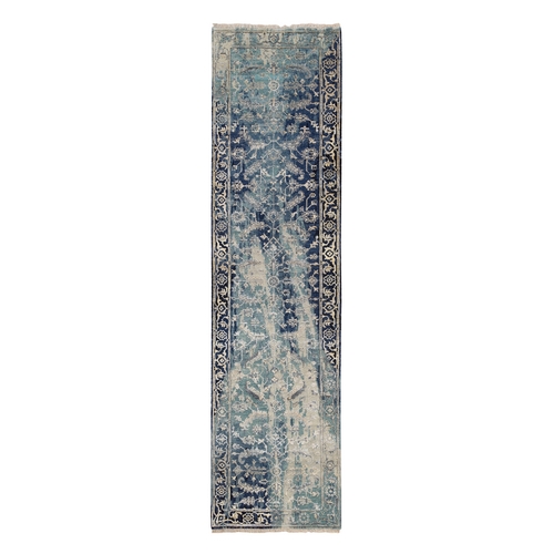 Blue-Teal Broken Persian Heriz Erased Design Wool And Silk Hand Knotted Runner Oriental Rug