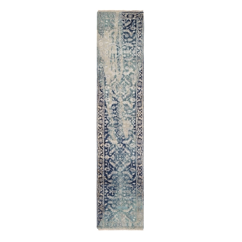 Blue-Teal Broken Persian Heriz Erased Design Wool And Silk Hand Knotted Oriental Runner Rug