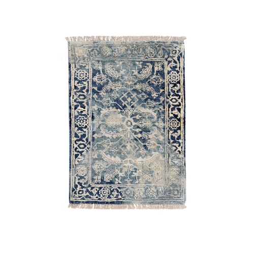 Blue-Teal Erased Design Wool And Silk Hand Knotted Broken Persian Heriz Oriental Mat Rug