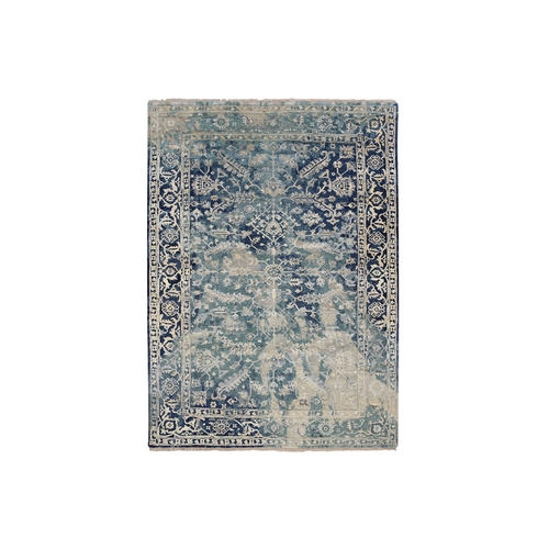 Blue-Teal Erased Design Wool And Silk Broken Persian Heriz Hand Knotted Oriental Rug