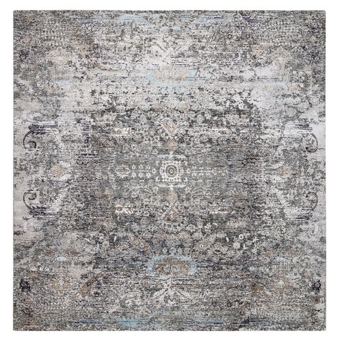 Gray, Hand Knotted Modern Transitional Persian Influence Erased Medallion Design, Silk with Textured Wool, Square Oriental Rug
