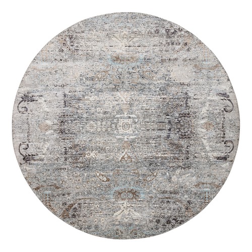Gray, Silk with Textured Wool Hand Knotted, Modern Transitional Persian Influence Erased Medallion Design, Round Oriental Rug