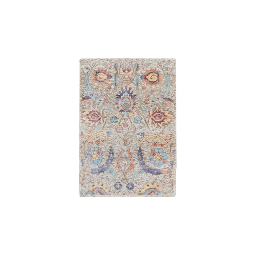Tan, Silk With Textured Wool Hand Knotted, Sickle Leaf Design, Mat Oriental Rug