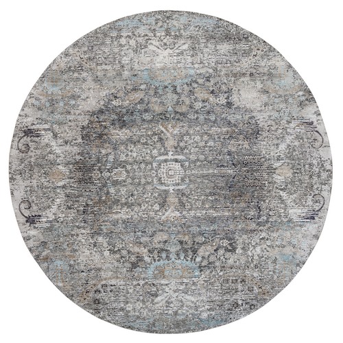 Gray, Modern Transitional Persian Influence Erased Medallion Design, Silk with Textured Wool Hand Knotted, Round Oriental 