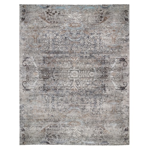 Gray, Modern Transitional Persian Influence Erased Medallion Design, Silk with Textured Wool Hand Knotted, Oversized Oriental Rug