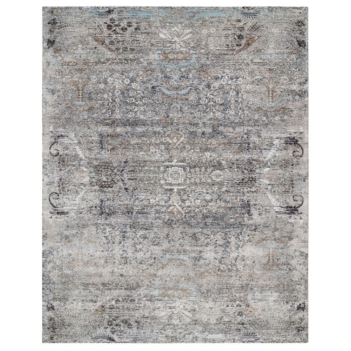 Gray, Hand Knotted, Modern Transitional Persian Influence Erased Medallion Design Silk with Textured Wool, Square Oriental 