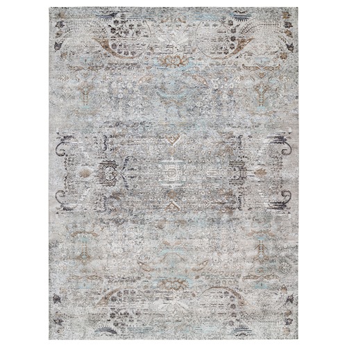 Gray, Silk with Textured Wool Hand Knotted, Modern Transitional Persian Influence Erased Medallion Design, Oversized Oriental 