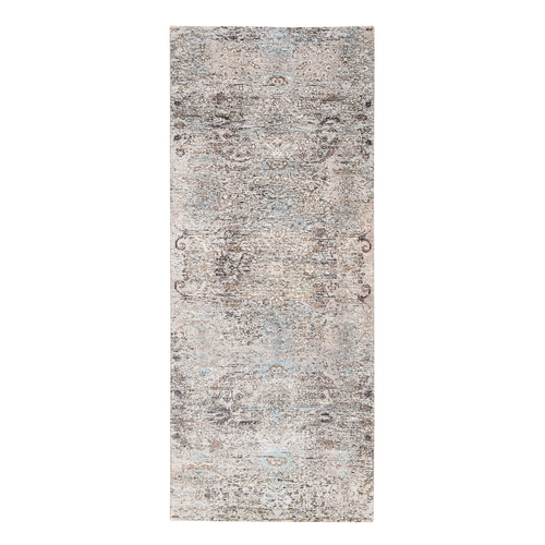 Gray, Modern Transitional Persian Influence Erased Medallion Design, Silk with Textured Wool Hand Knotted, Wide Runner Oriental 