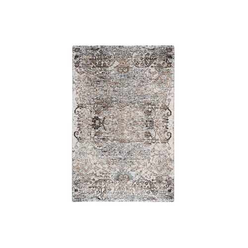 Gray, Silk with Textured Wool Hand Knotted, Modern Transitional Persian Influence Erased Medallion Design, Oriental Rug