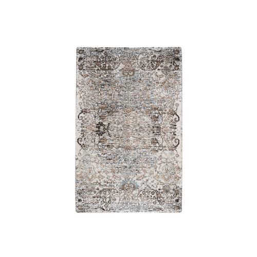 Gray, Modern Transitional Persian Influence Erased Medallion Design, Silk with Textured Wool Hand Knotted, Oriental Rug
