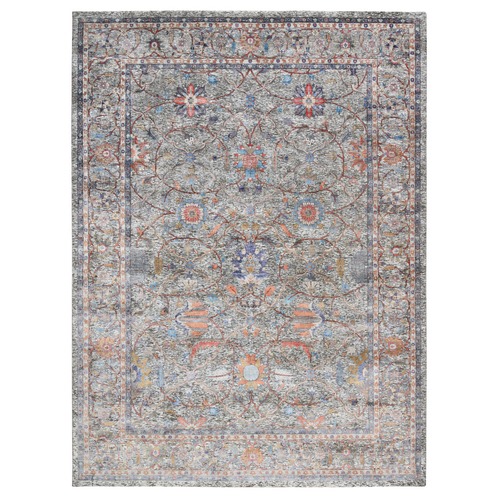 Colorful, Salt and Pepper Effect, Silk with Textured Wool Persian Scrolls Leaf and Flower Design, Hand Knotted Oriental 