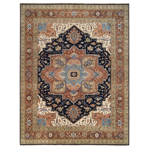 Navy and Rust, Heriz with Classic Geometric Medallion Design, Thick and Plush Pure Wool Hand Knotted, Oversized Oriental Rug