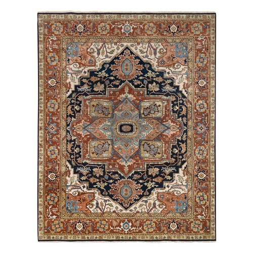 Navy and Rust, Heriz with Classic Geometric Medallion Design, Thick and Plush Pure Wool Hand Knotted, Oriental Rug
