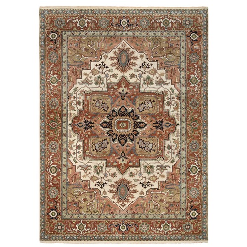 Ivory and Rust, Heriz with Classic Geometric Medallion Design, Thick and Plush Pure Wool Hand Knotted, Oriental Rug