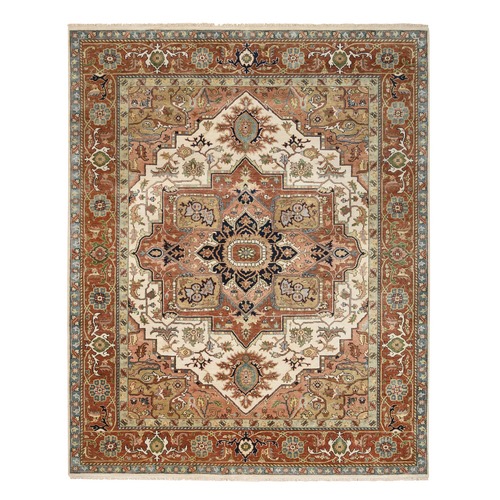 Ivory and Rust, Hand Knotted Heriz with Classic Geometric Medallion Design, Thick and Plush Pure Wool, Oriental Rug