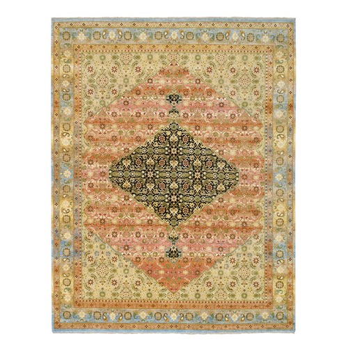 Sunset Colors, Tabriz Mahi with Fish Design Reinvented, Densely Woven Hand Spun Wool Hand Knotted, Oriental Rug
