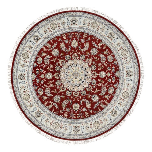 Cherry Red, Wool and Silk Hand Knotted, Nain with Medallion and Flower Design 250 KPSI, Round Oriental 