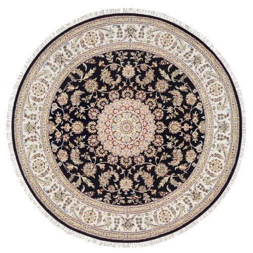 Midnight Blue, Nain with Medallion and Flower Design, Hand Knotted, 250 KPSI, Wool, Oriental, Round Rug