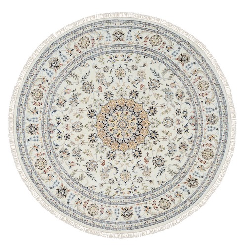 Ivory, Nain with Center Medallion Design 250 KPSI, Wool and Silk Hand Knotted, Round Oriental Rug