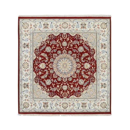 Cherry Red, Nain with Medallion and Flower Design 250 KPSI, Wool and Silk Hand Knotted, Square Oriental Rug