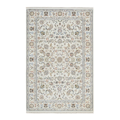 Ivory, Hand Knotted, Nain with All Over Flower Design, 250 KPSI, Wool, Oriental Rug