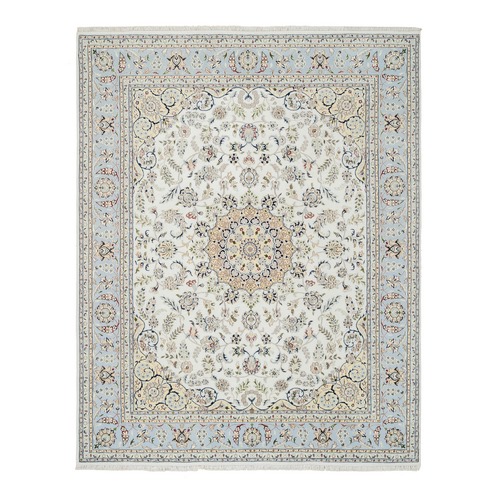 Ivory, Nain with Medallion and Flower Design, 250 KPSI, Wool and Silk, Hand Knotted, Oriental Rug