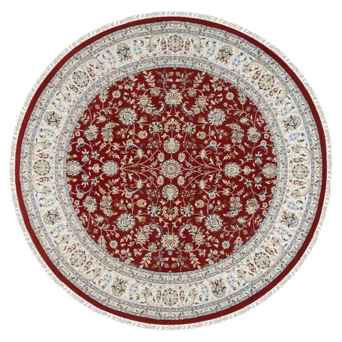 Cherry Red, Hand Knotted Nain with All Over Design, 250 KPSI Wool and Silk, Round Oriental Rug