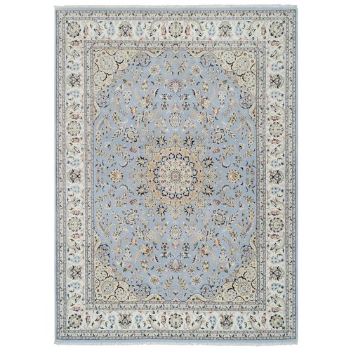 Light Blue, Nain with Medallion and Flower Design 250 KPSI, Wool and Silk Hand Knotted, Oriental Rug