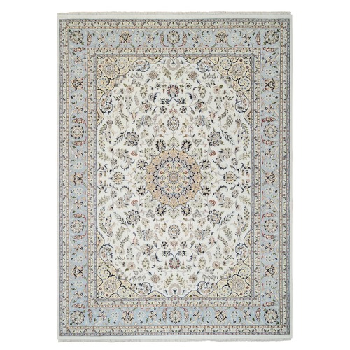Ivory, Wool and Silk, Nain with Center Medallion Design, 250 KPSI, Hand Knotted, Oriental Rug