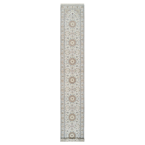 Ivory, Nain with Flower Medallion Design, 250 KPSI, Wool and Silk, Hand Knotted, XL Runner Oriental Rug