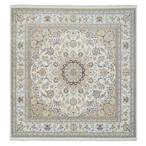 Ivory, Nain with Center Medallion Design, 250 KPSI, Wool and Silk, Hand Knotted, Square, Oriental Rug