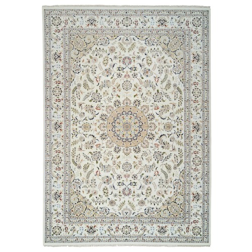 Ivory, Nain with Center Medallion Design, 250 KPSI, Wool and Silk, Hand Knotted, Oriental Rug