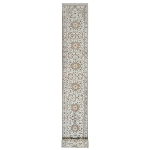 Ivory, 250 KPSI, Pure Wool, Hand Knotted, Nain with Center Medallion Flower Design, XL Runner Oriental Rug