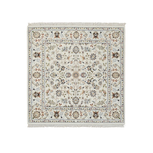 Ivory, Nain with All Over Design, Hand Knotted, 250 KPSI, Wool and Silk, Square, Oriental Rug