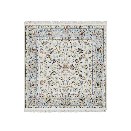 Ivory, Nain with All Over Flower Design 250 KPSI, Wool and Silk Hand Knotted, Square Oriental Rug