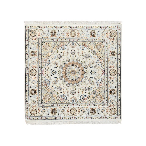 Ivory, Nain with Center Medallion Flower Design, 250 KPSI, Wool, Hand Knotted, Square, Oriental Rug