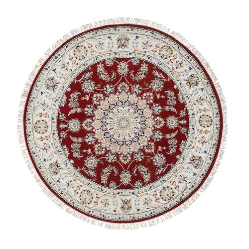 Cherry Red, Hand Knotted Nain with Medallion and Flower Design, 250 KPSI Wool and Silk, Round Oriental 