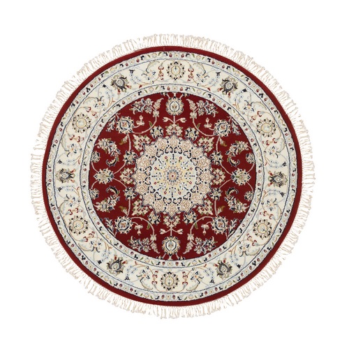 Cherry Red, Pure Wool Hand Knotted, Nain with Center Medallion Flower Design 250 KPSI, Round Oriental Rug