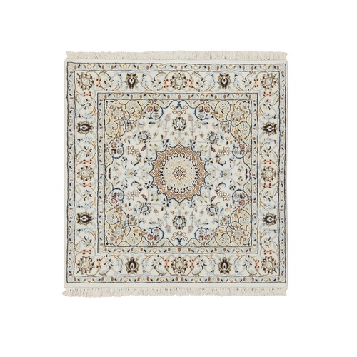 Ivory, 250 KPSI, Nain with Flower Medallion Design, Wool and Silk, Hand Knotted, Square Oriental Rug