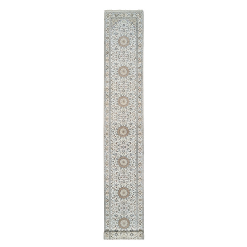 Ivory, 250 KPSI, Wool and Silk, Nain with Flower Medallion Design, Hand Knotted, XL Runner Oriental Rug