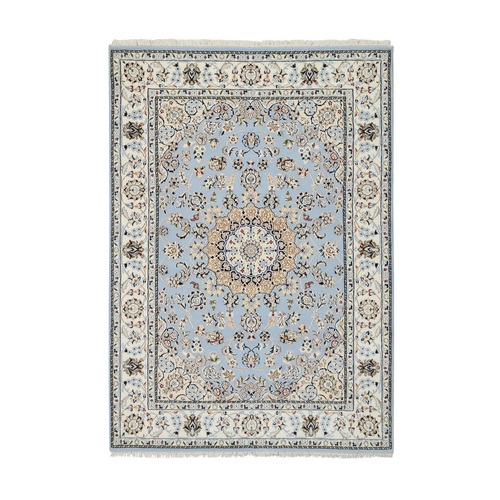 Light Blue, Wool and Silk Hand Knotted, Nain with Medallion and Flower Design 250 KPSI, Oriental Rug